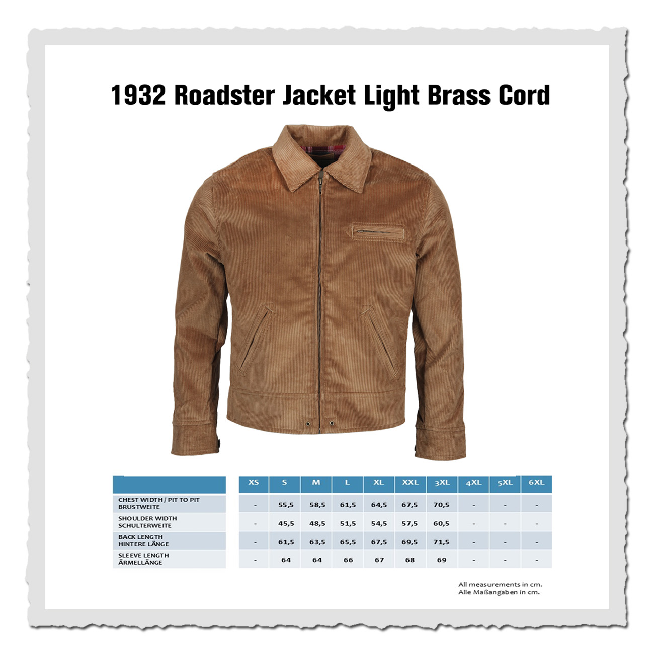 Maßtabelle Pike Brothers 1932 Roadster Jacket Light Brass Cord – klassische Cordjacke im Vintage-Stil